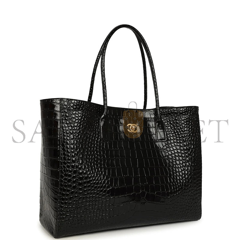 CHANEL LARGE CERF SHOPPING BAG BLACK CROCODILE EMBOSSED CALFSKIN GOLD HARDWARE AS6244 (47*31*15cm)